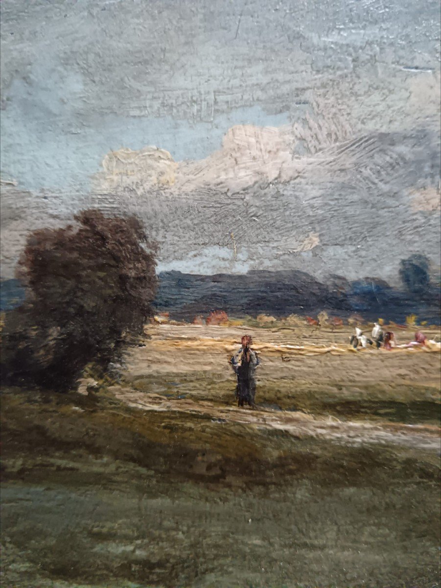 Barbizon School. Oil On Oak Panel "work In The Fields" 24.2 X 14.7 Cm-photo-3