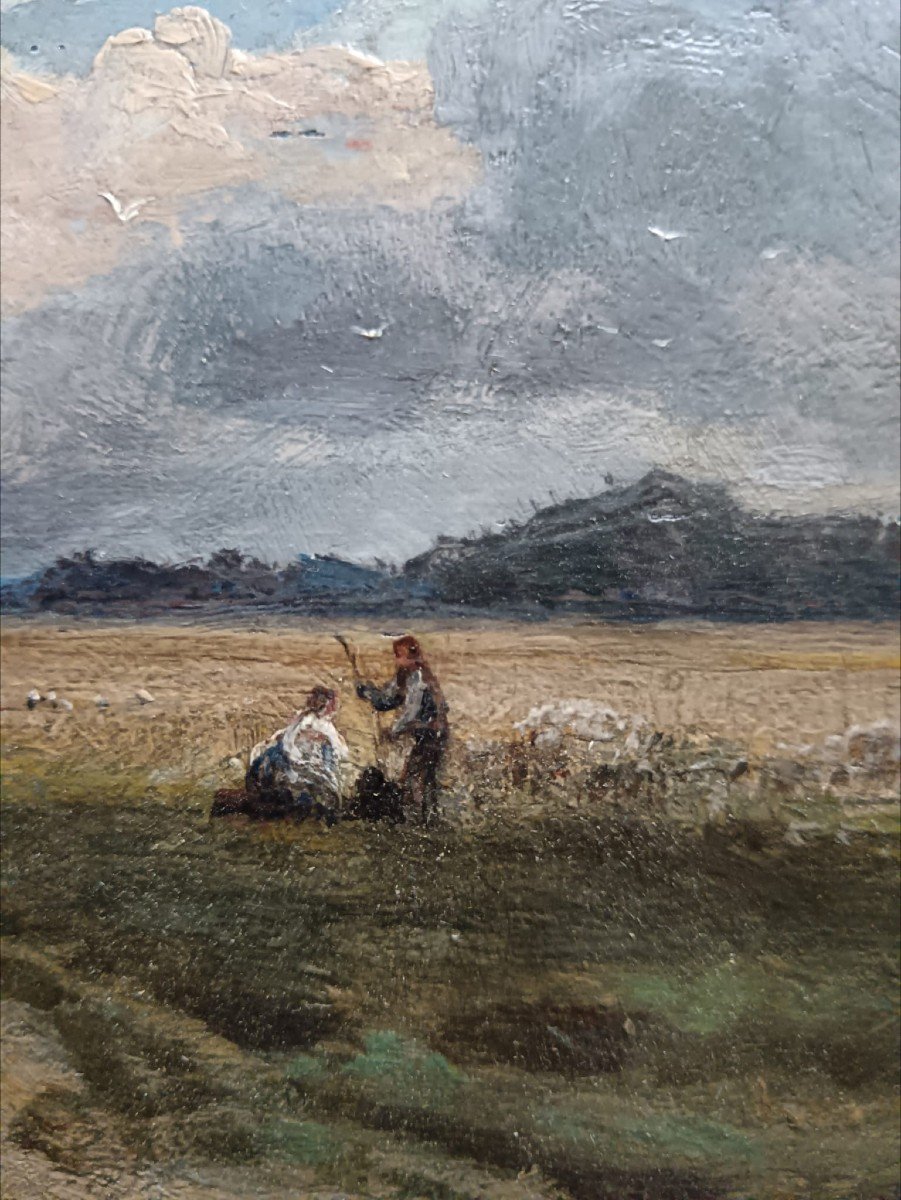 Barbizon School. Oil On Oak Panel "work In The Fields" 24.2 X 14.7 Cm-photo-4