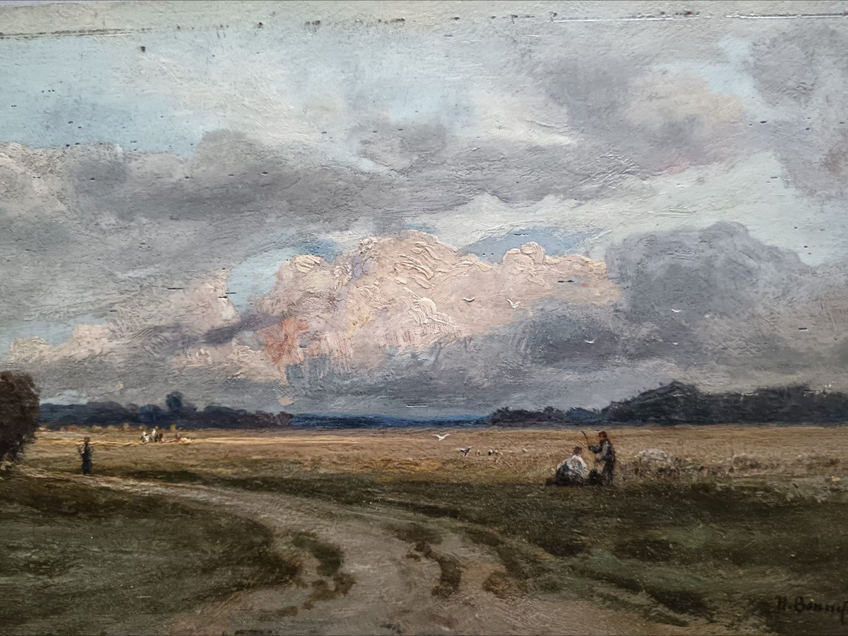 Barbizon School. Oil On Oak Panel "work In The Fields" 24.2 X 14.7 Cm-photo-5