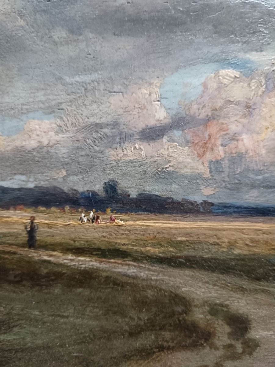 Barbizon School. Oil On Oak Panel "work In The Fields" 24.2 X 14.7 Cm-photo-6