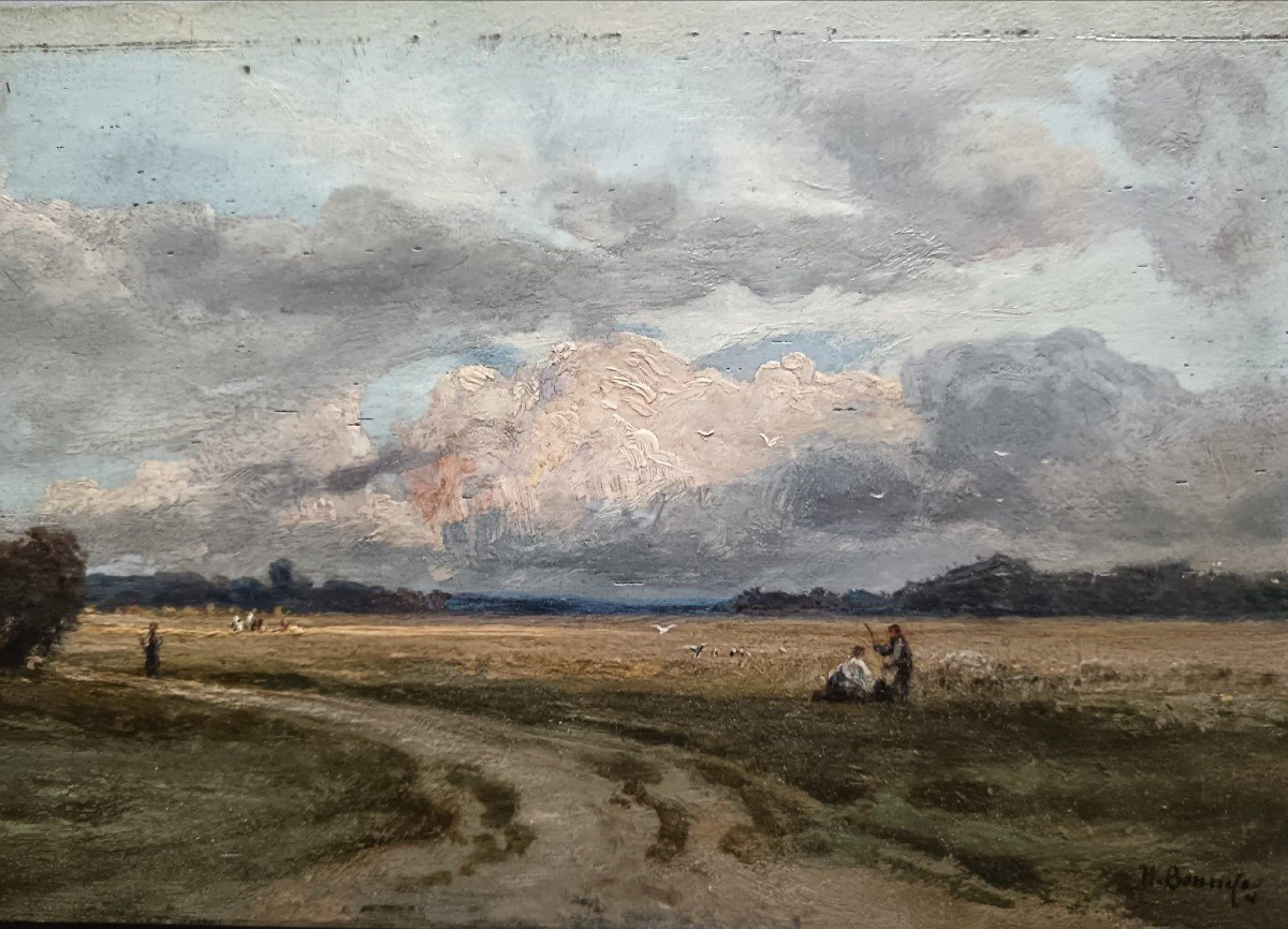 Barbizon School. Oil On Oak Panel "work In The Fields" 24.2 X 14.7 Cm-photo-7