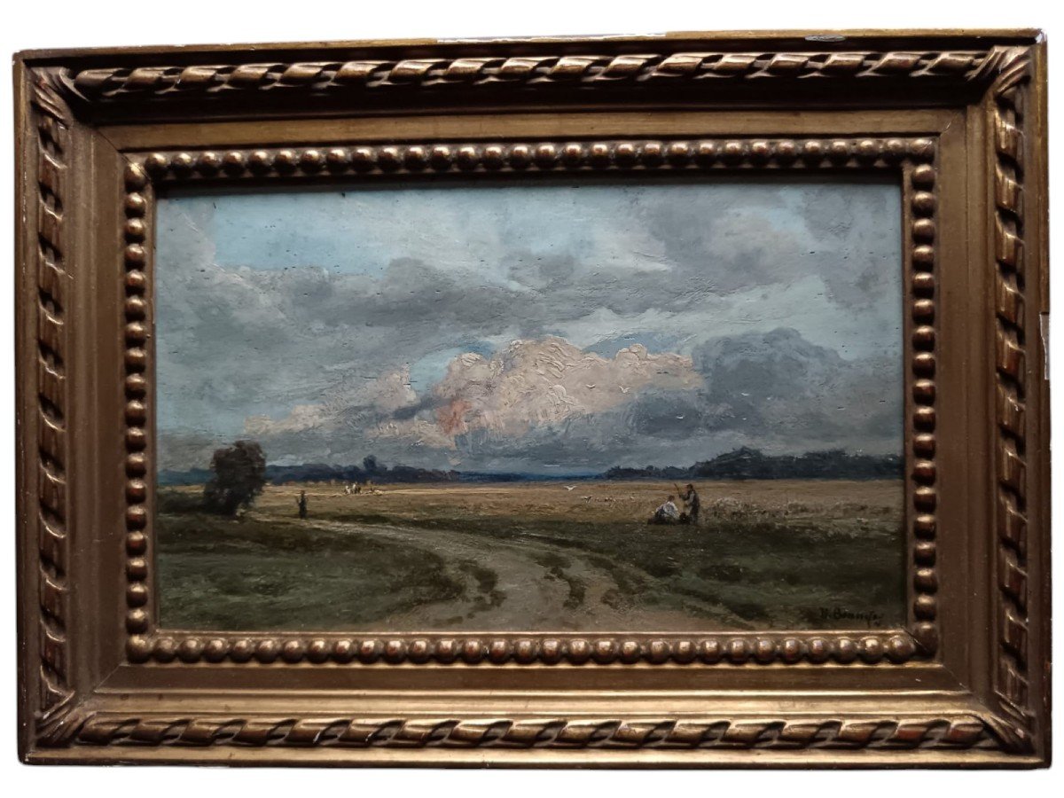 Barbizon School. Oil On Oak Panel "work In The Fields" 24.2 X 14.7 Cm