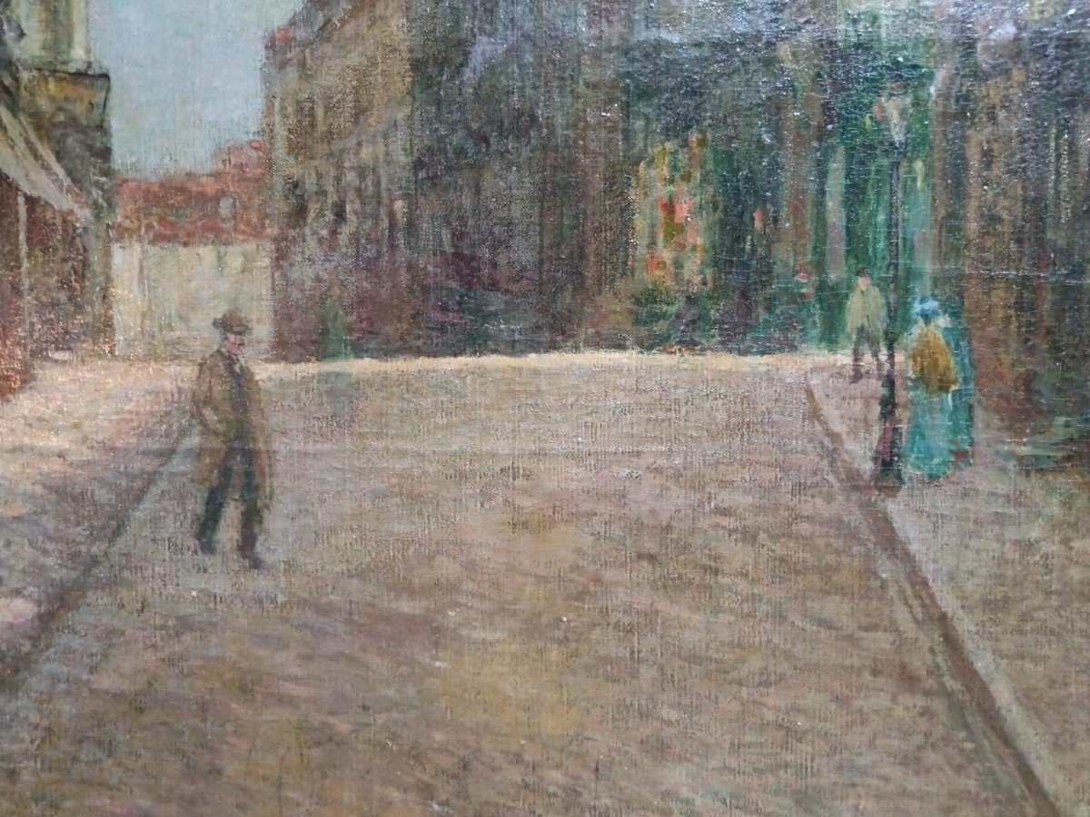 Neo-impressionist School. Oil On Canvas "passers-by In The Shadow Of The Belfry" 146 X 99.5 Cm-photo-1