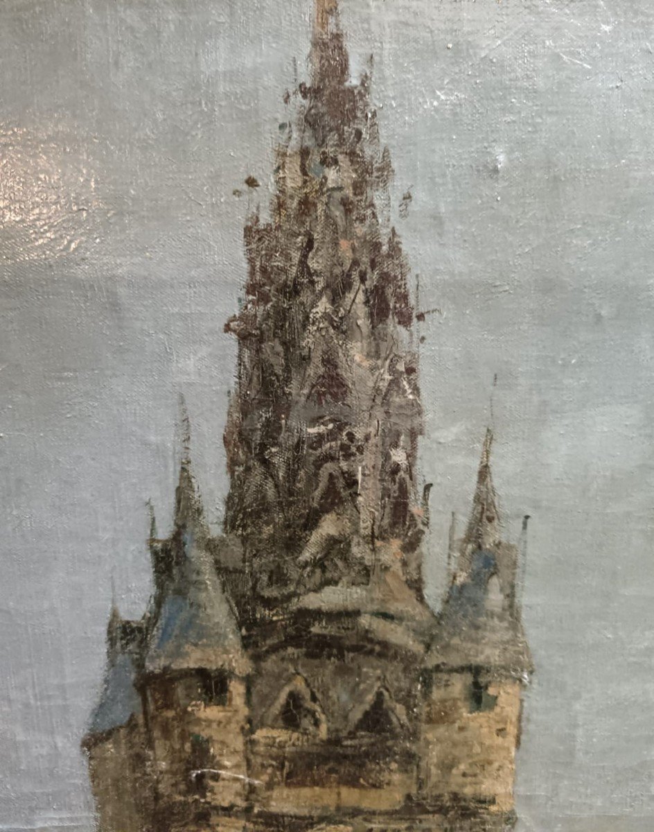 Neo-impressionist School. Oil On Canvas "passers-by In The Shadow Of The Belfry" 146 X 99.5 Cm-photo-8