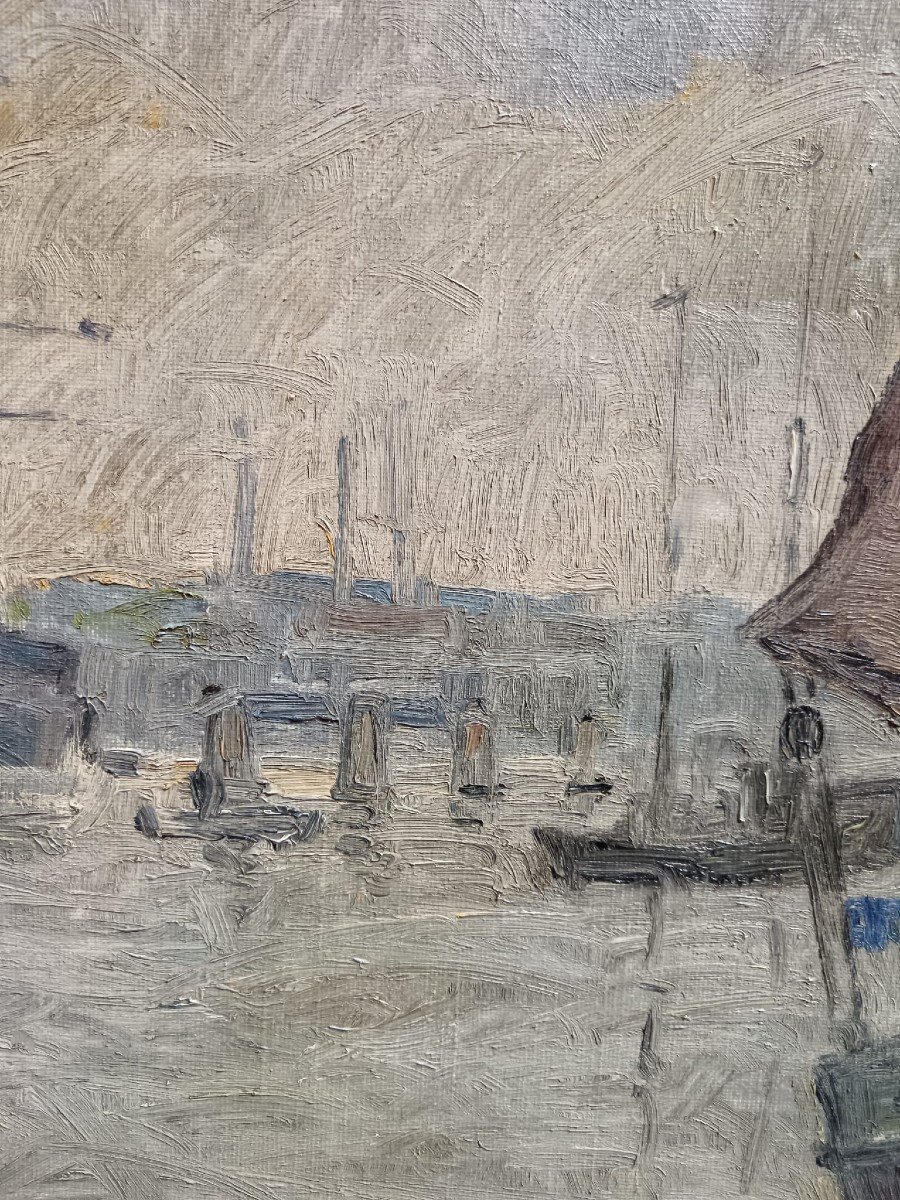 école Néo-impressionniste. Huile Sur Toile "l'entrée Du Port De Stockholm" 100,5 X 68,5 Cm-photo-1