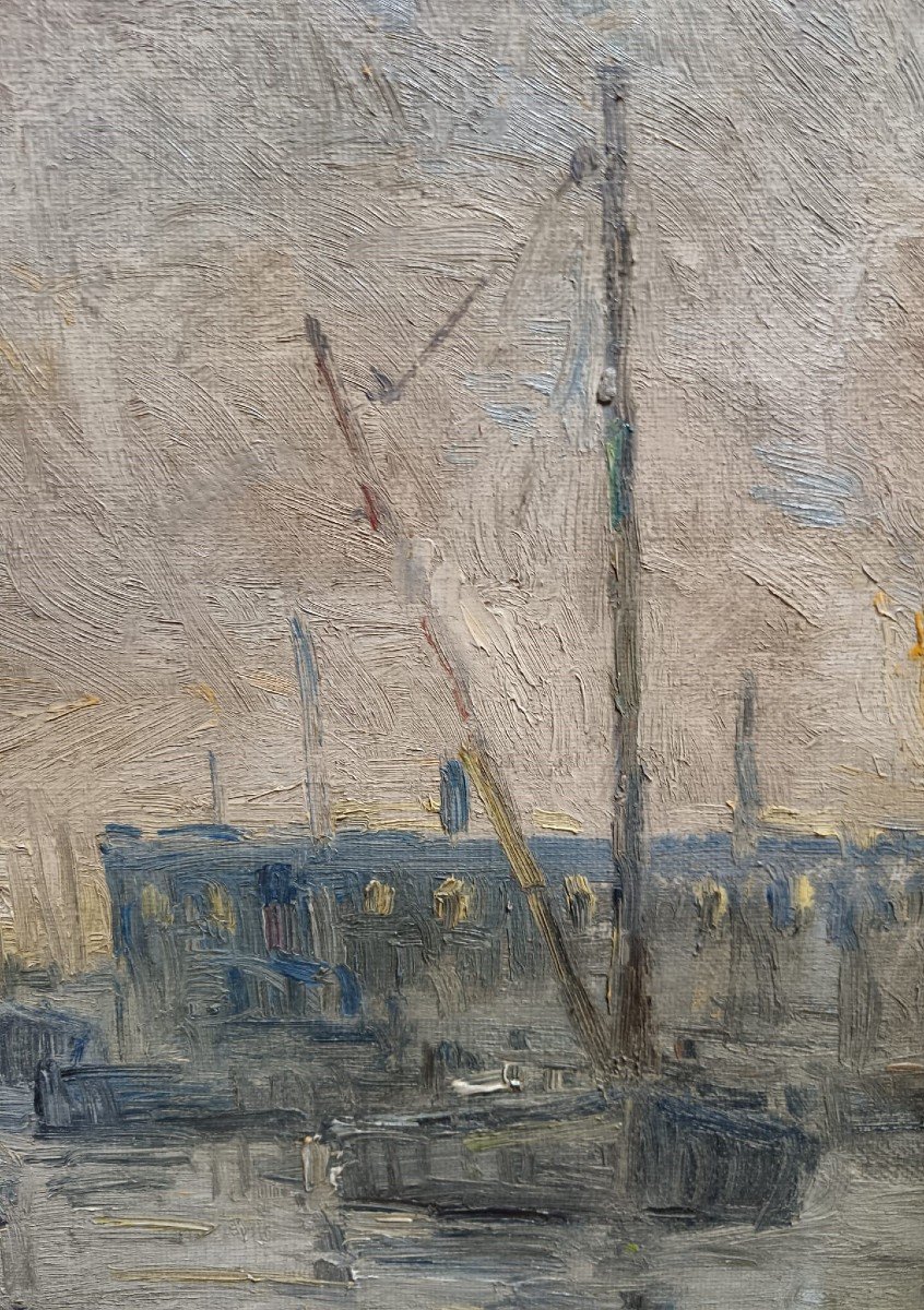 école Néo-impressionniste. Huile Sur Toile "l'entrée Du Port De Stockholm" 100,5 X 68,5 Cm-photo-2