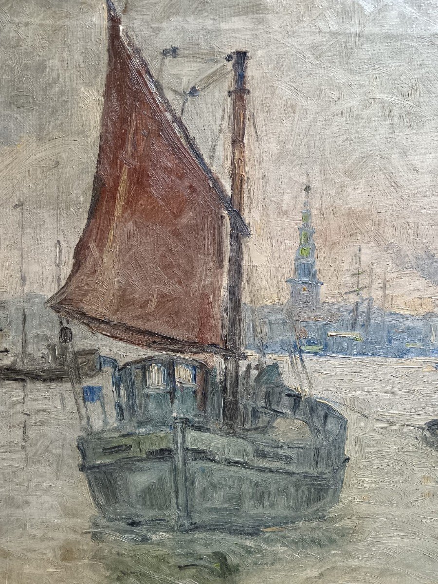 école Néo-impressionniste. Huile Sur Toile "l'entrée Du Port De Stockholm" 100,5 X 68,5 Cm-photo-4