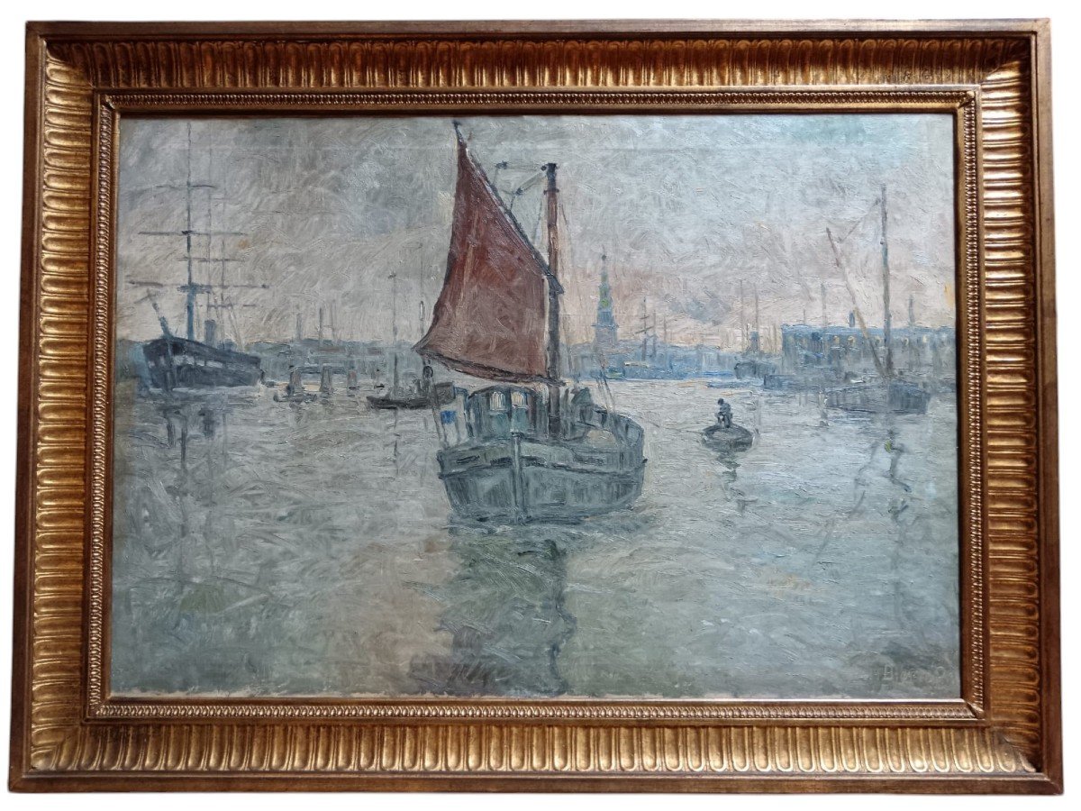 école Néo-impressionniste. Huile Sur Toile "l'entrée Du Port De Stockholm" 100,5 X 68,5 Cm