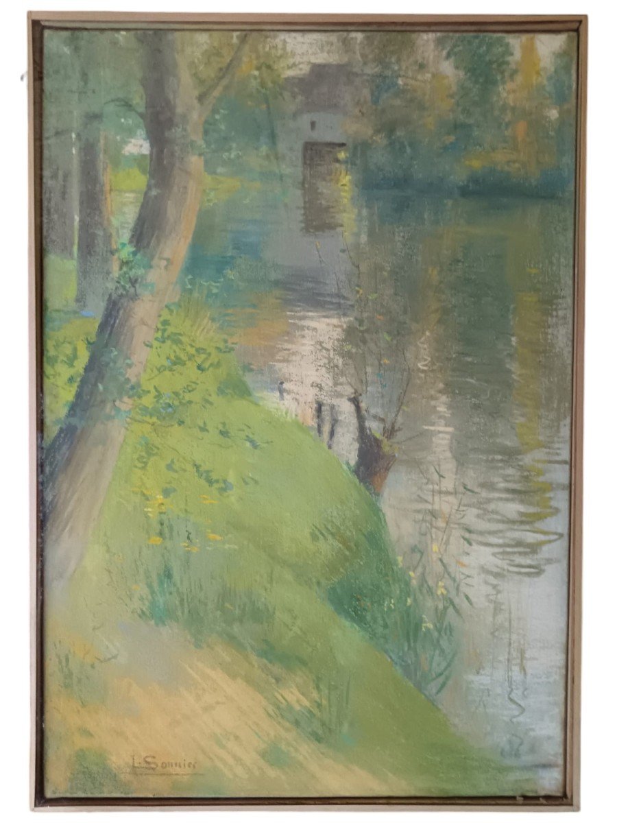 Léon Sonnier. Pastel On Paper Mounted On Canvas "the Mill Seen From The Bank" 55 X 38 Cm