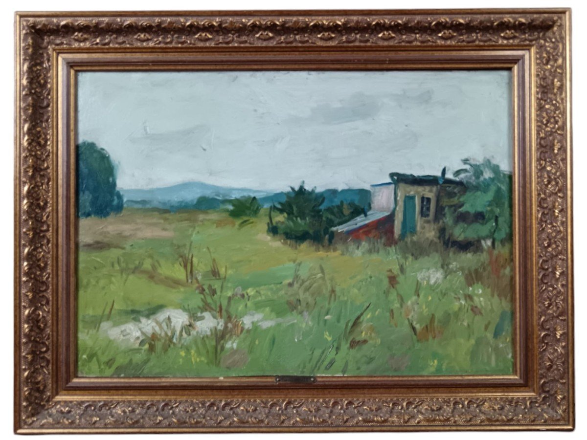 Edmond Heuze. Oil On Plywood Panel "little House On The Prairie" 55.5 X 38.3cm