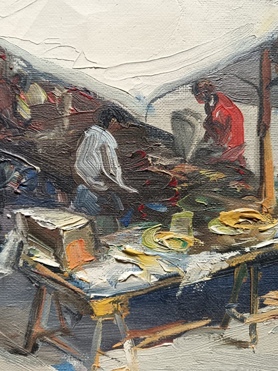 Josep Sarquella. Oil On Canvas Mounted On Cardboard "market Day" 56 X 47 Cm-photo-4