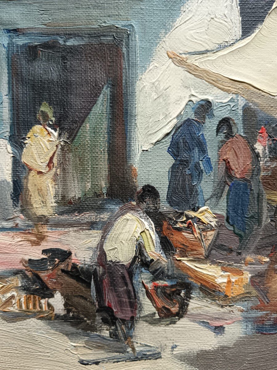 Josep Sarquella. Oil On Canvas Mounted On Cardboard "market Day" 56 X 47 Cm-photo-1