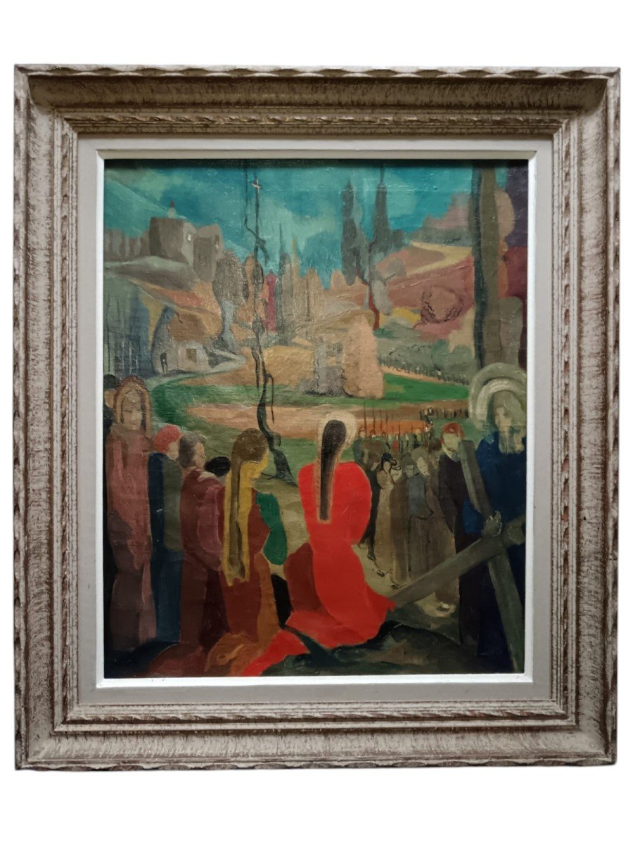 école Nabi. Huile Sur Toile "jésus Rencontre Les Femmes De Jérusalem Qui Pleurent" 46 X 38 Cm