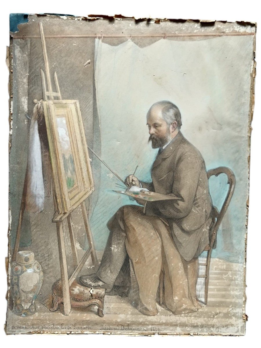 Théodore Delamarre. Dessin à l'Aquarelle "l'artiste Dans Son Atelier" 54,5 X 41, 5 Cm à Vue