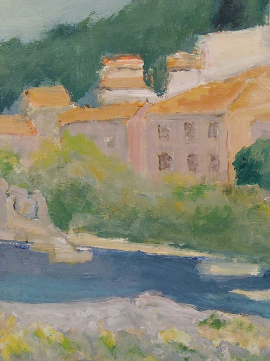 Louise Claeysen.  Huile Sur Panneau d'Isorel "le Château De Vogüé En Ardèche" 65 X 54 Cm-photo-6