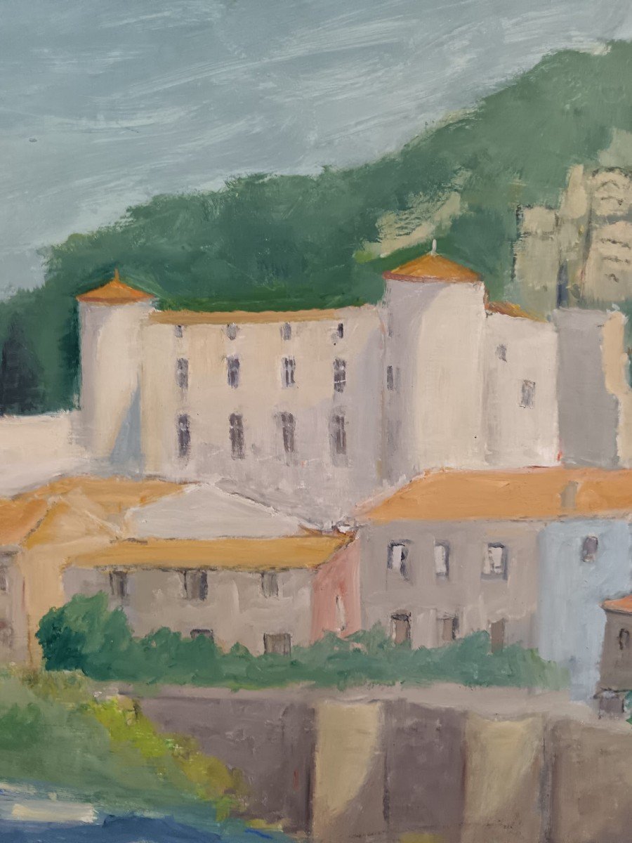 Louise Claeysen.  Huile Sur Panneau d'Isorel "le Château De Vogüé En Ardèche" 65 X 54 Cm-photo-8