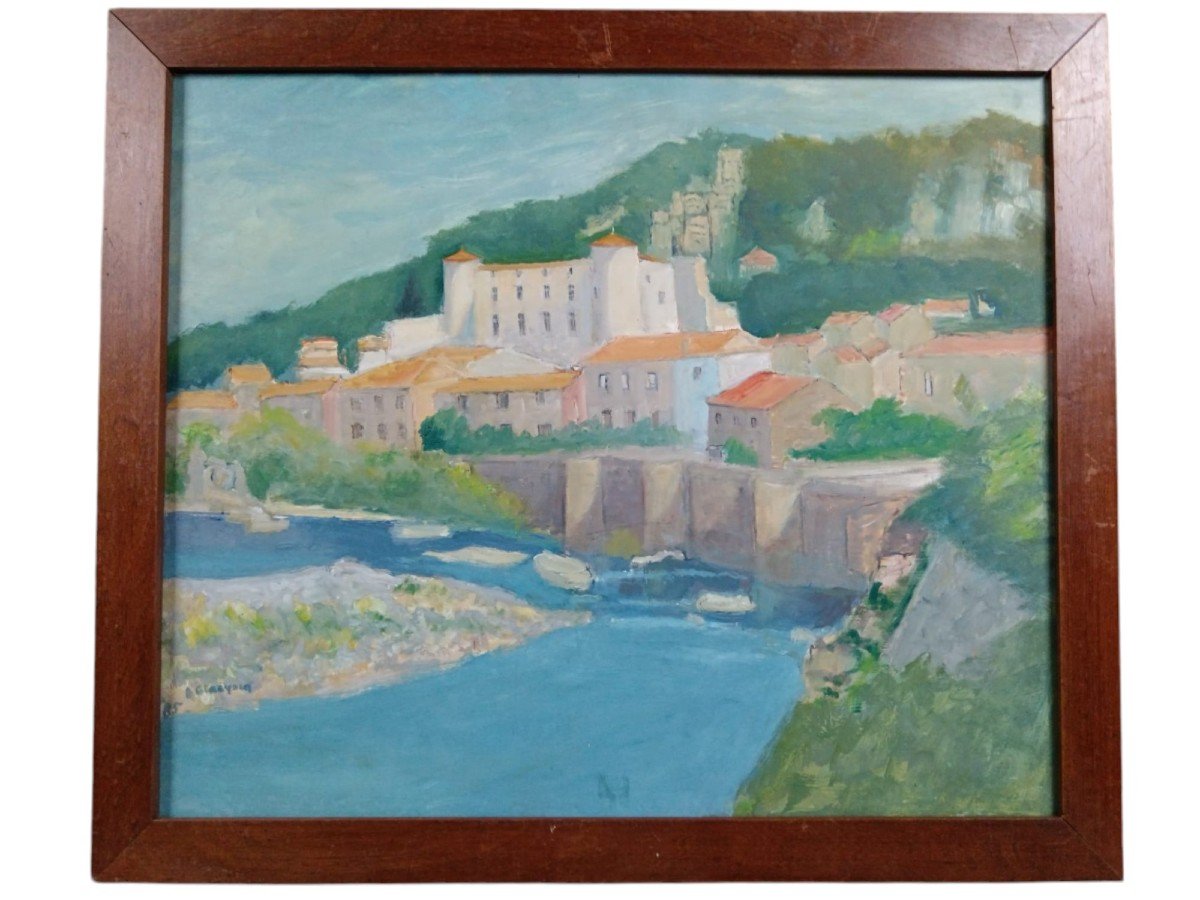 Louise Claeysen.  Huile Sur Panneau d'Isorel "le Château De Vogüé En Ardèche" 65 X 54 Cm