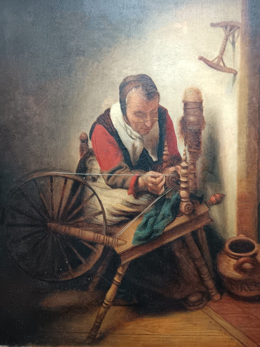 After Nicolaes Maes. Oil On Oak Panel "old Woman Spinning Wool" 40.5 X 32 Cm-photo-6