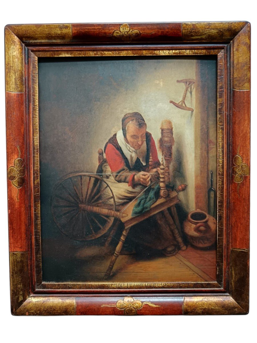 After Nicolaes Maes. Oil On Oak Panel "old Woman Spinning Wool" 40.5 X 32 Cm