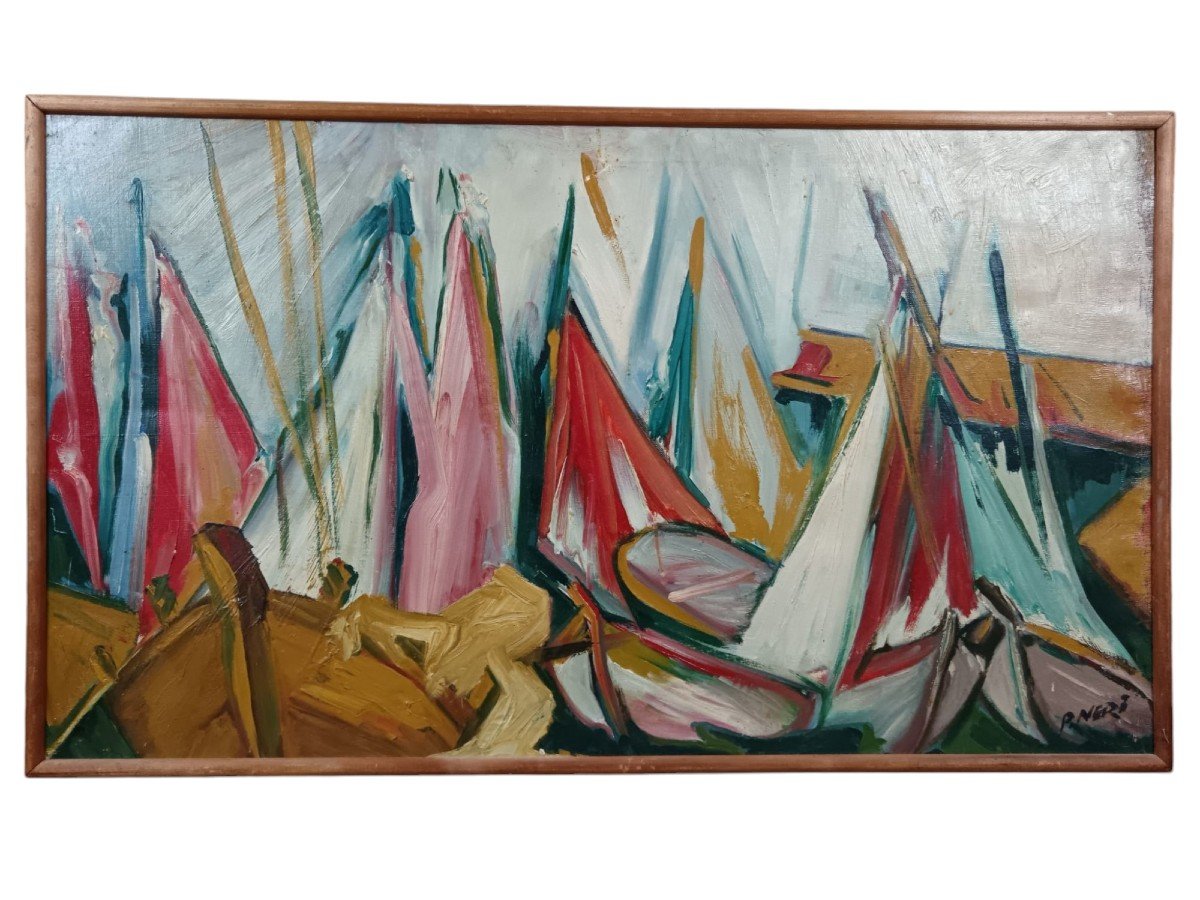 P. Neri. Huile Sur Toile "mâts Et Voiles à Touche-touche" 49,5 X 86 Cm