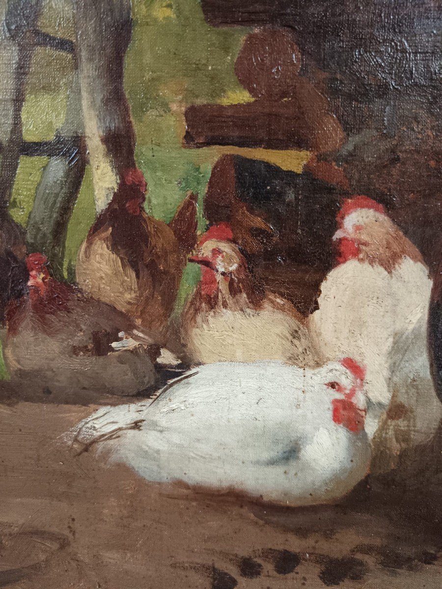 Huile Sur Toile "le Coq Et Ses Poules Sont à l'Ombre" 60 X 73 Cm-photo-4