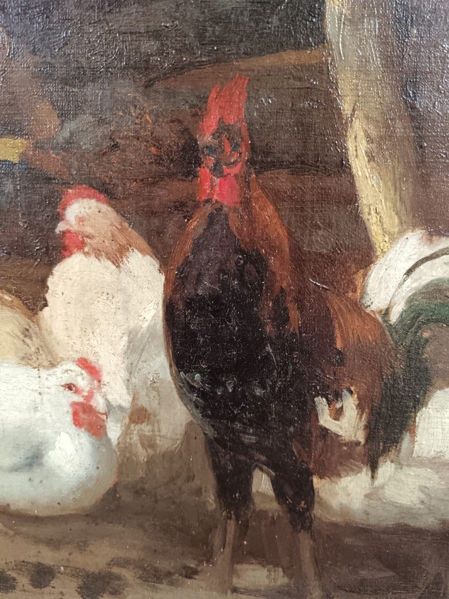 Huile Sur Toile "le Coq Et Ses Poules Sont à l'Ombre" 60 X 73 Cm-photo-5