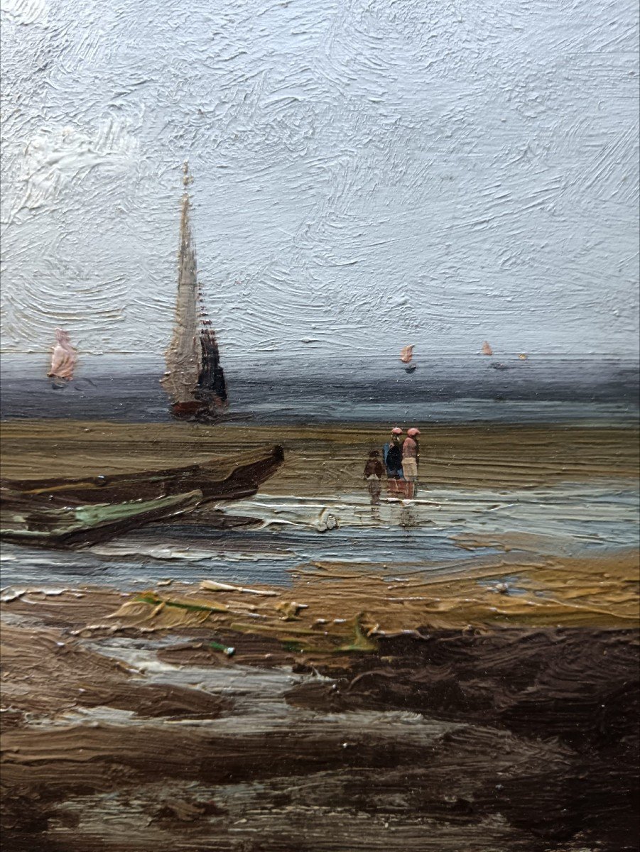 Marine. Oil On Panel "seaside, The Village In The Distance" 18 X 36.3 Cm-photo-5