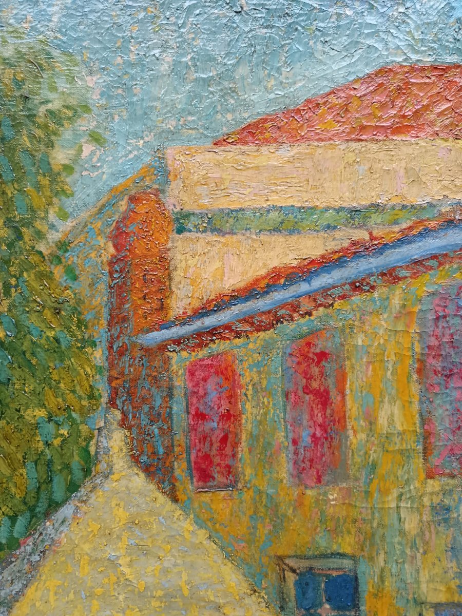 Ecole Pointilliste. Huile Sur Toile "le Puits" 79,6 X 47,3 Cm-photo-2