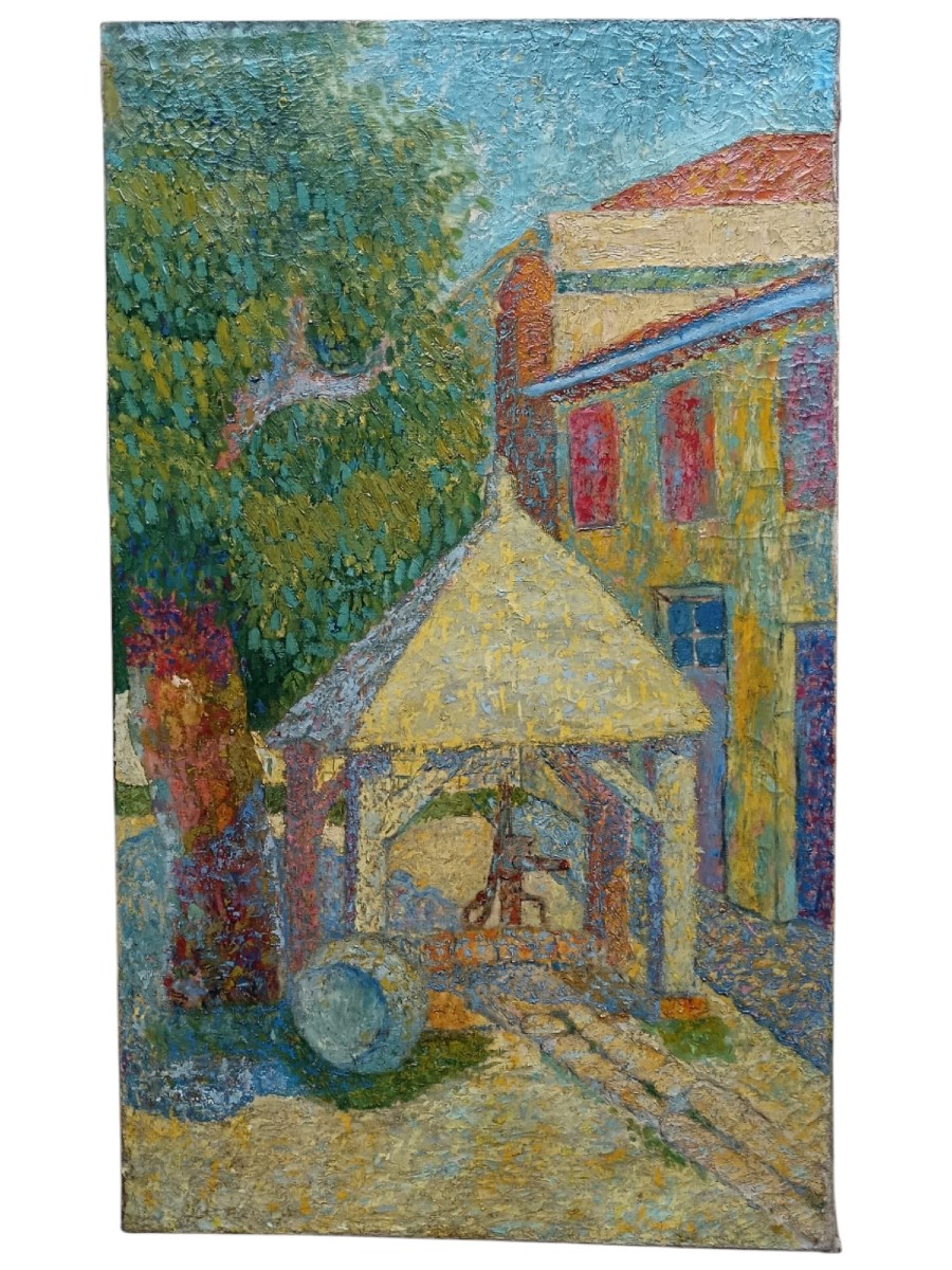 Ecole Pointilliste. Huile Sur Toile "le Puits" 79,6 X 47,3 Cm