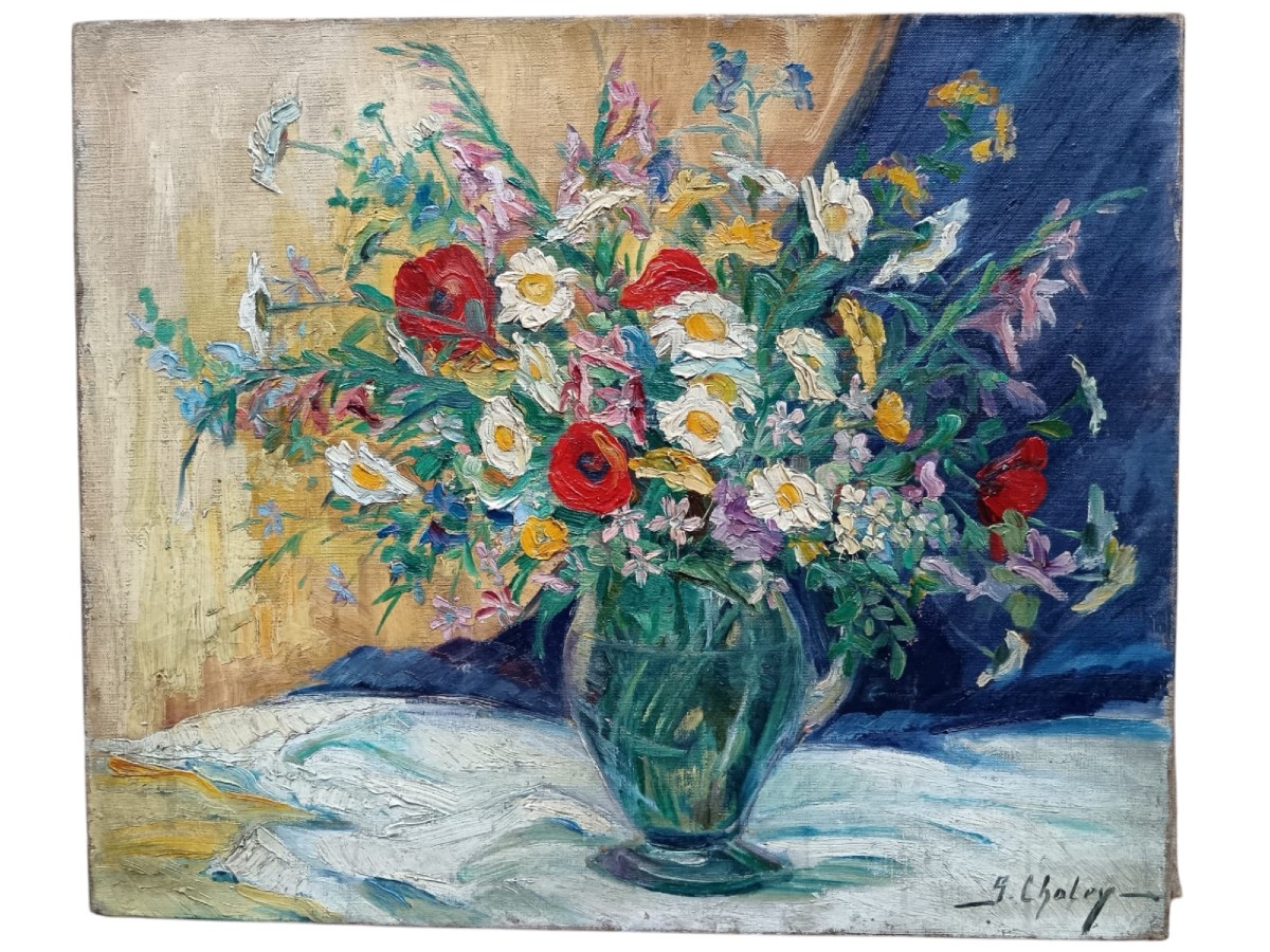 Gustave Choley. Huile Sur Toile "bouquet De Printemps" 46 X 55 Cm