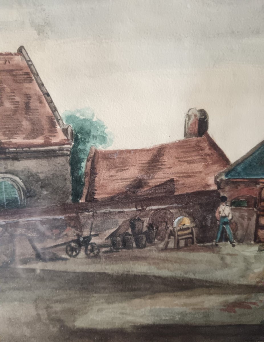 Henri Harpignies. Watercolor On Paper "farmyard, The Farrier's Workshop" 19.4 X 24.3-photo-4