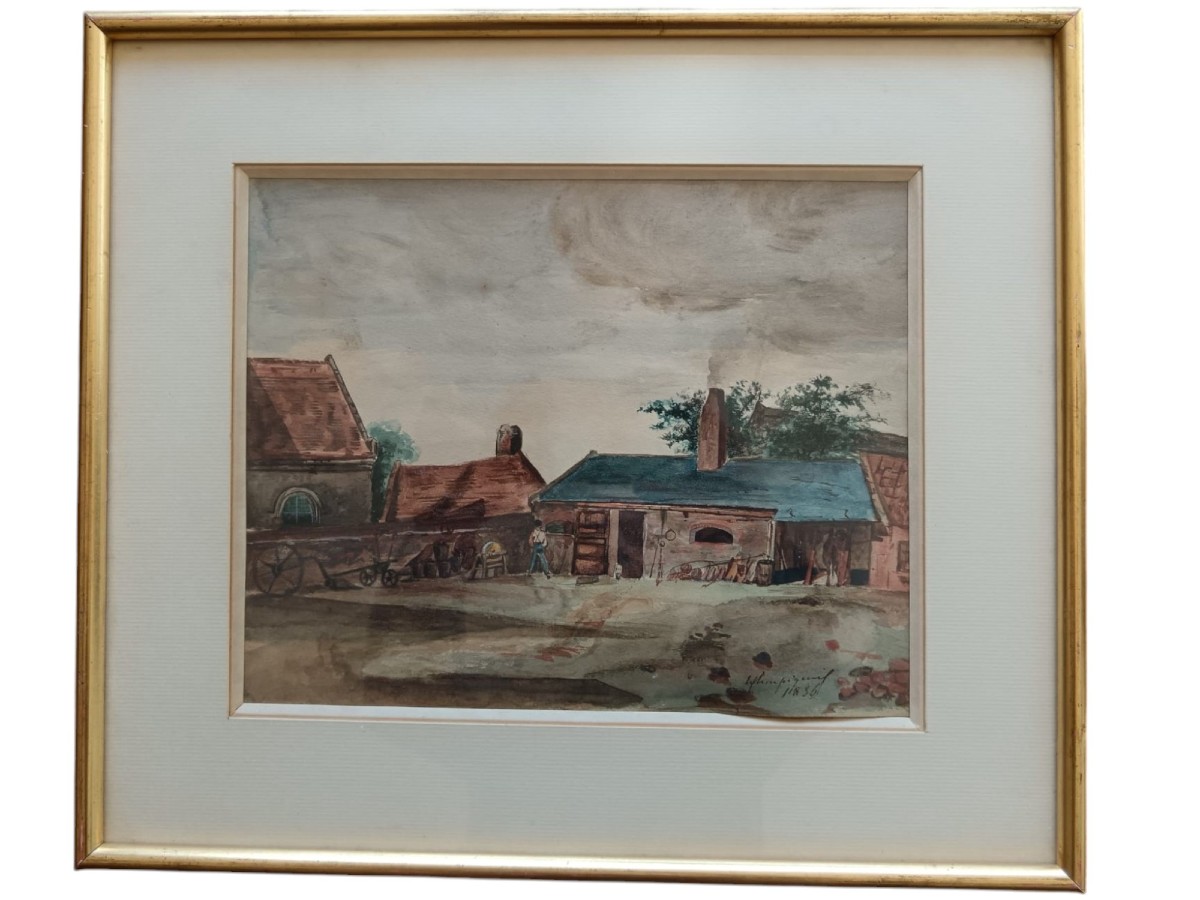 Henri Harpignies. Aquarelle Sur Papier"cours De Ferme, l'Atelier Du Maréchal-ferrant" 19,4x24,3