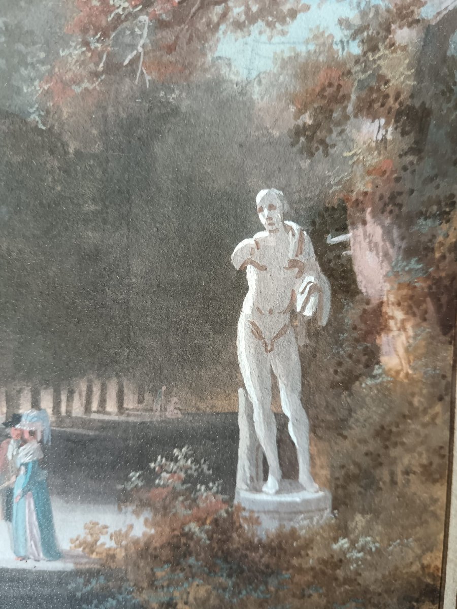 Le Grand Tour. Aquarelle sur papier "souvenirs d'Italie promenade dans le parc" 34,5 X 19,4 cm -photo-4