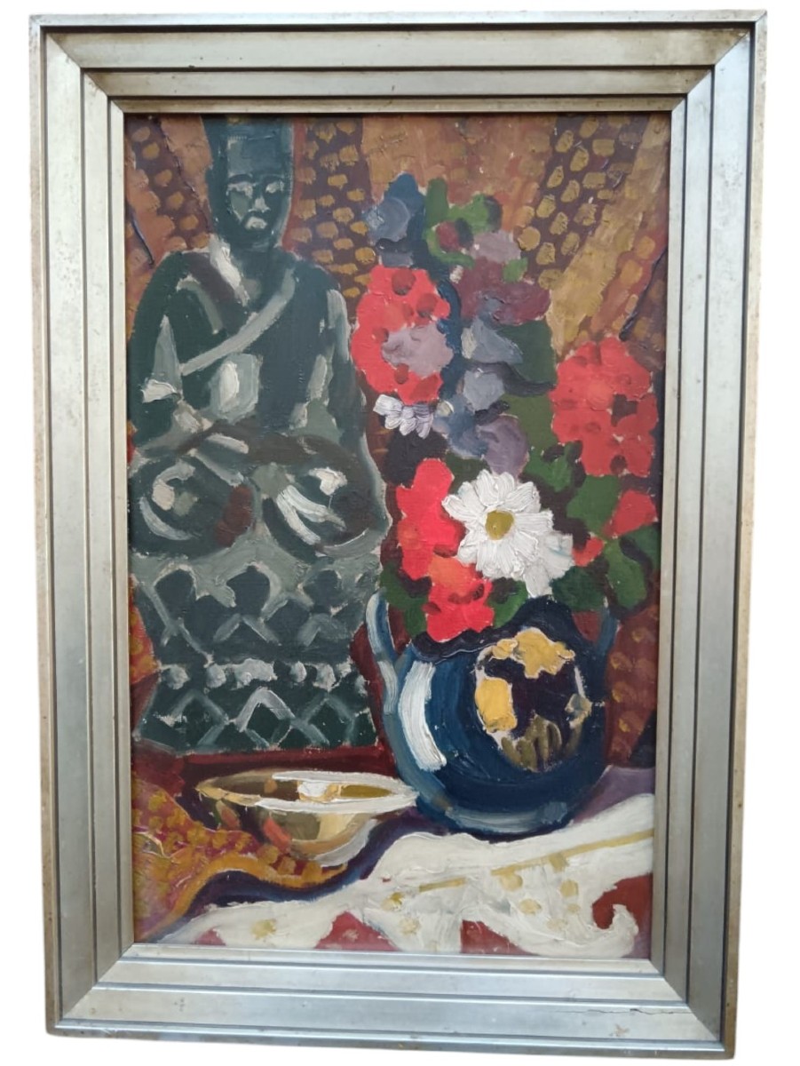 Oil On Canvas "bouquet Of Flowers And Statue Of The Ancestor" 45.5 X 29 Cm