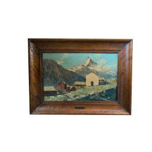 Huile Sur Toile "le Mont Cervin Vu Du Village" 39,5 X 26 Cm