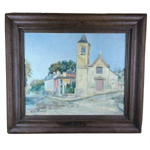 Huile Sur Toile "l'église Au Carrefour" 55 X 46 Cm