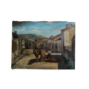 Huile Sur Toile "Paysan Ramassant Le Fumier à l'Entrée Du Village" 61 X 46 Cm