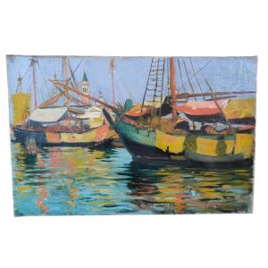 Huile Sur Toile "bateaux à Venise" 41 X 27 Cm