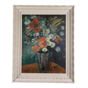 Oil On Cardboard "bouquet Of Flowers" 61 X 46 Cm