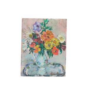 Suzanne Minier. Huile Sur Toile Marouflée Sur Carton  "bouquet De Fleurs" 35 X 27 Cm