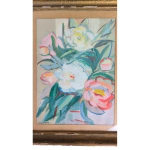 Lucienne Beaumont. Aquarelle Gouachée "fleurs" 33,5 X 25 Cm