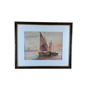 Gilbert Auguste Privat. Aquarelle "bateaux à Venise" 36 X 27 Cm