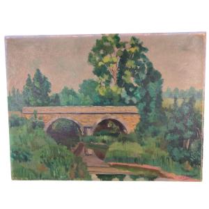 Ludovic Alleaume. Huile Sur Toile "le Pont En Majesté" 61 X 46 Cm