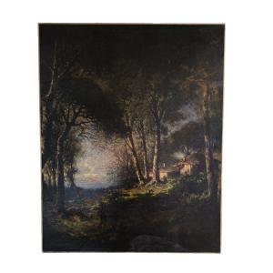 Ecole De Barbizon. Huile Sur Toile "la Maison Dans La Clairière" 81 X 65 Cm