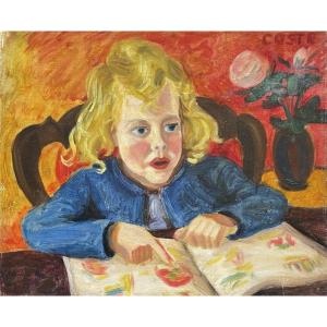 Waldemar Coste. Huile Sur Toile "jeune Enfant Et Son Carnet d'Aquarelles" 54,5 X 45 Cm