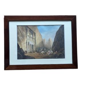 Leopold Carl Müller. Watercolor On Paper "the Expedition To Petra, Jordan" 37 X 52 Cm