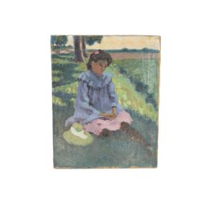 Impressionist School. Oil On Canvas "young Girl Sitting In The Shade Of A Tree" 41 X 33 Cm