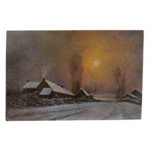 Lambert. Huile Sur Panneau "le Hameau Sous La Neige" 41 X 27 Cm