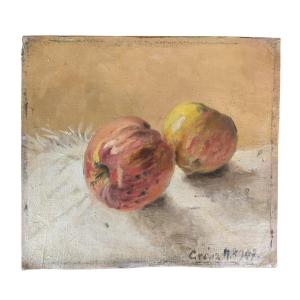 Austrian School. Oil On Cardboard "two Beautiful Apples" 25x22.5 Cm