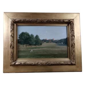 André Slom. Oil On Canvas "children Playing In The Park In Geneva" 41 X 27 Cm